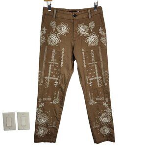 Johnny Was Brown Straight Leg Pants with Cream Embroidered Floral Motif